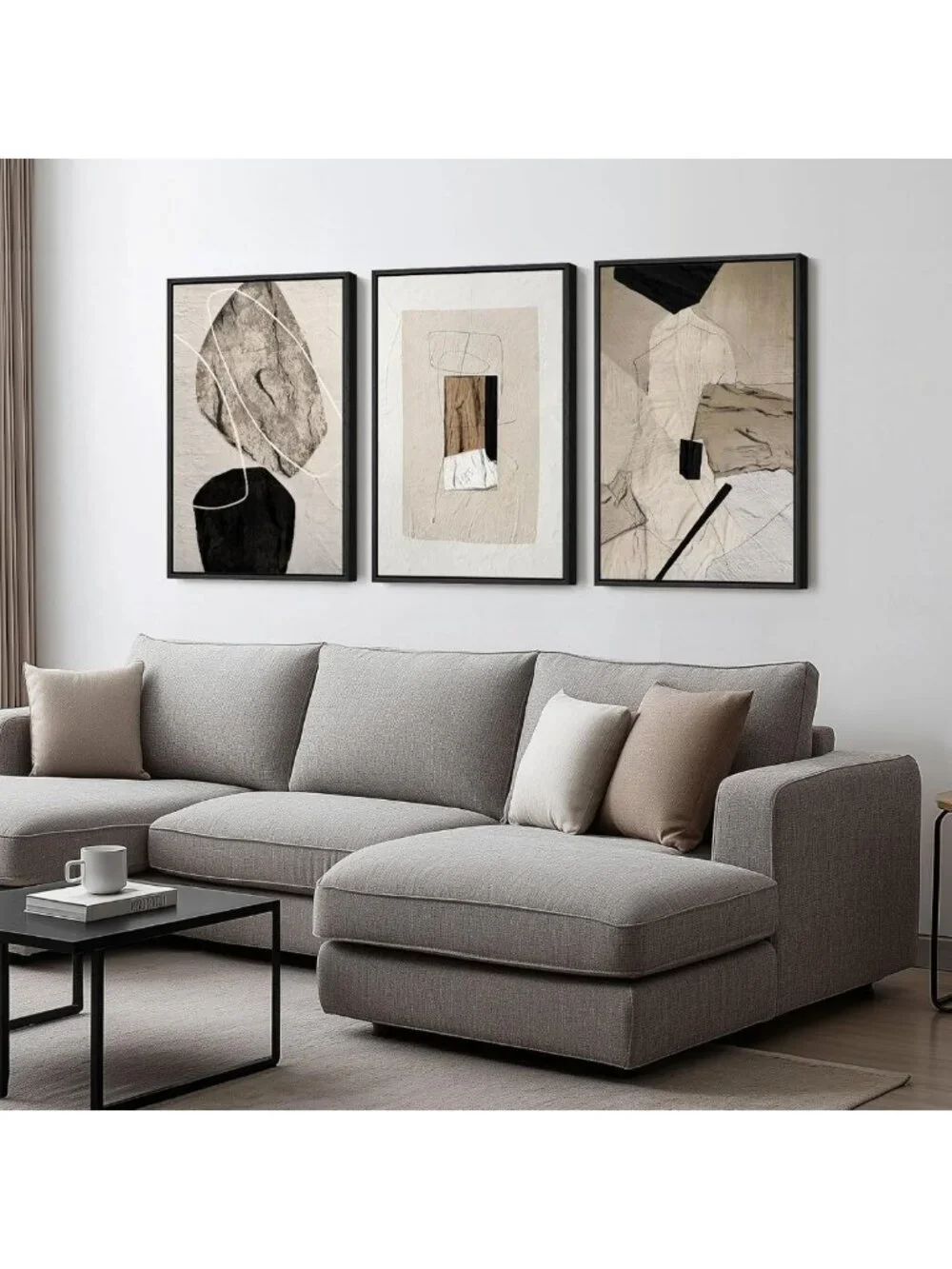 Set of 3 Framed Modern Minimalist Neutral Abstract Wall Art Prints, 16x24 In
